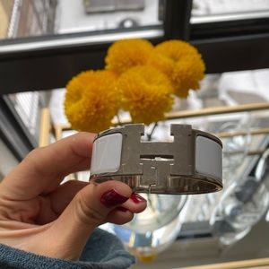 HERMES Silver and White Clic Clac H Bracelet